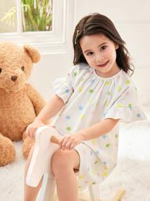 SHEIN Cô Gái Trẻ Mùa Hè Slouchy Thường Ngày Đầy Màu Sắc Họa Tiết Ngôi Sao Tay Viền Ruffle Edge Dệt Kim Váy Ngủ - trắng - Xem 3