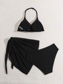 Teen Girl Simple Solid Color Bikini Set Summer Beach