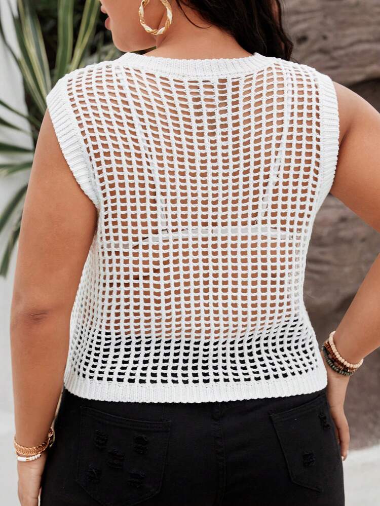Plus Size Women Solid Color Hollow Out Knit Sleeveless Sweater With Round Neckline