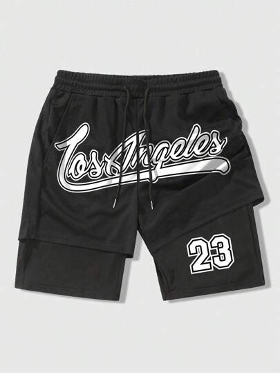 Prep Pantaloncini da basket a rete 2 in 1 con coulisse, a fantasia colorblock e grafica a lettere, di moda per l'estate, adatti per la scuola