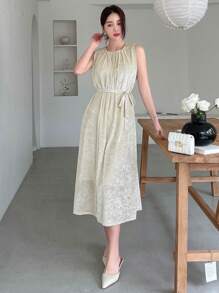 DAZY Ladies' Simple Elegant Belted Sleeveless Summer Dress Sundress Cocktail Dress - Beige - View 1