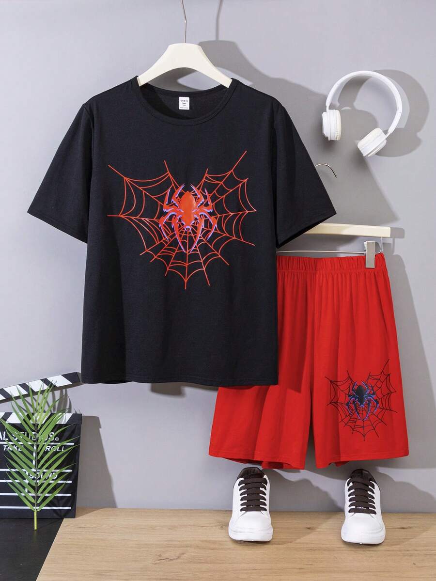 SHEIN 少年男生春夏舒適鬆身蜘蛛圖案短袖上衣配短褲套裝 - 黑色 - 查看 1
