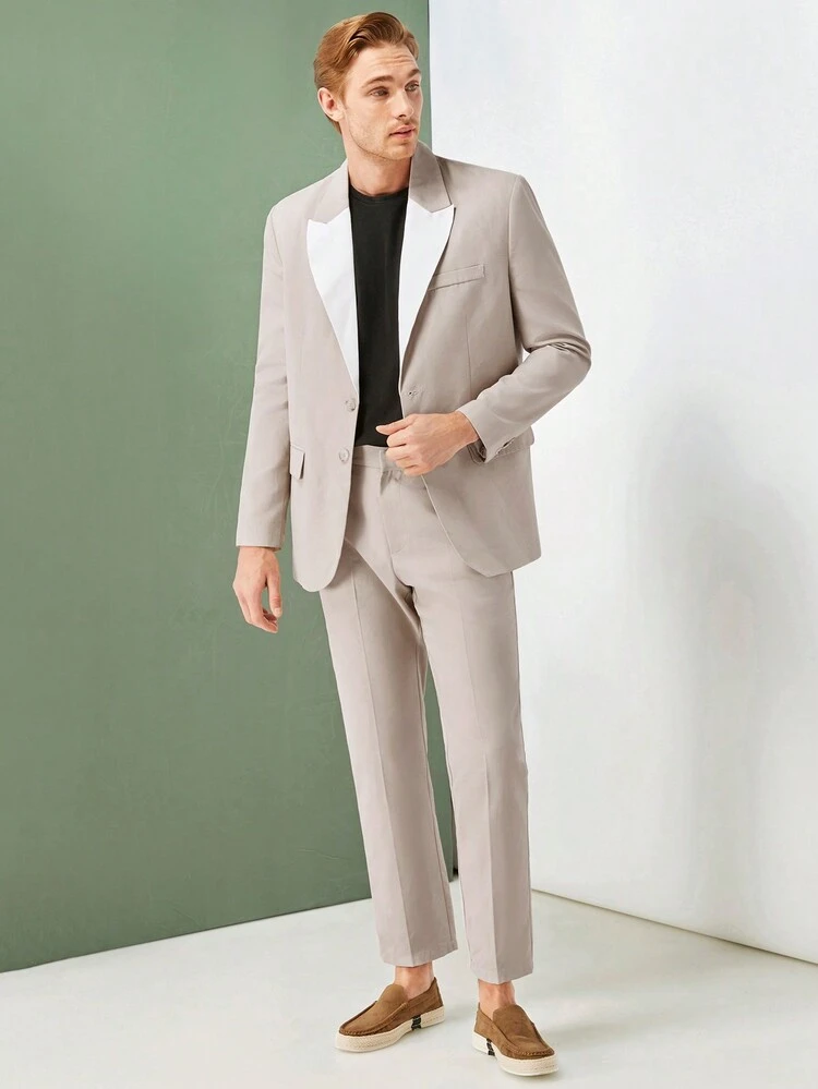 Men Casual Colorblock Lapel Jacket And Solid Color Long Pants Suit