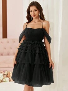 SHEIN Belle Cold Shoulder Mesh Layered Mesh Cake Dress Women Cocktail Fluffy Dress, Halloween - Black - View 6