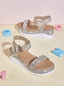 Mini mi 童裝/時尚閃亮腳踝帶楔形跟和高跟涼鞋 - 銀色 - 查看 2