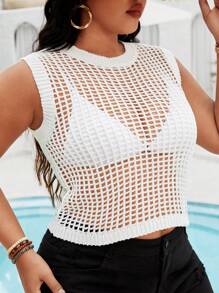 SHEIN Clasi Plus Size Women Solid Color Hollow Out Knit Sleeveless Sweater With Round Neckline - White - View 3