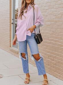 ASVIVID Áo sơ mi nữ cổ đứng cài cúc, kiểu dáng thường ngày, màu hồng nhạt, thích hợp cho mùa xuân. - Hồng - Xem 7