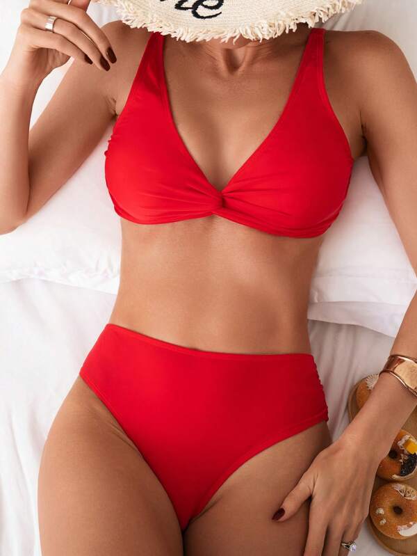 SHEIN Swim 2pcs Women's Red V-Neck Solid Color Swimwear Bikini Set For Summer Beach Vacation