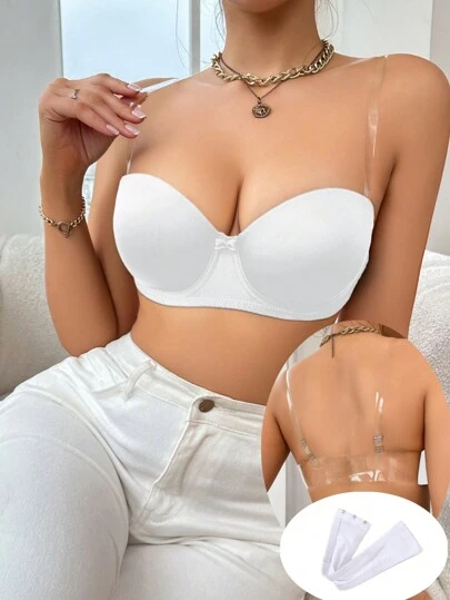 Women's Solid Color Strapless Bra With Underwire, Versatile And Basic Style
