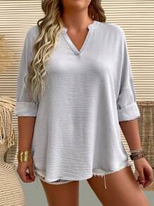 SHEIN LUNE Plus Notched Neckline Roll Tab Sleeve Blouse Fall Cloth For Women - Grey - View 3