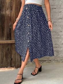 SHEIN Falda midi para embarazadas con diseño floral, botones decorativos y abertura en el dobladillo para vacaciones - azul real - Ver 4