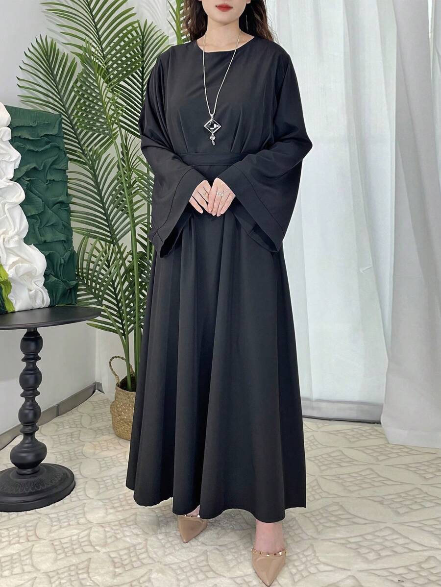 Mexican Dress Women Explosive Round Neck Long Sleeve Temperament Y2K Dress Gown Loose With Solid Color Elegant Long Skirt Dress Loose Middle East Muslim Ladies Robe - Black - View 1