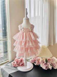 Baby Girl Sweet Pink Layered Cake Dress With Bow Decorations For Summer - Pink - View 1