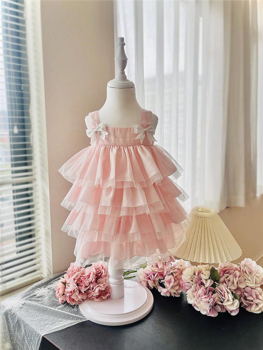 Baby Girl Sweet Pink Layered Cake Dress With Bow Decorations For Summer - Pink - View 1
