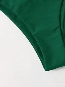 SHEIN Swim 夏季海灘純色V字腰游泳比基尼褲，適用於度假泳池 - 墨綠色 - 查看 5