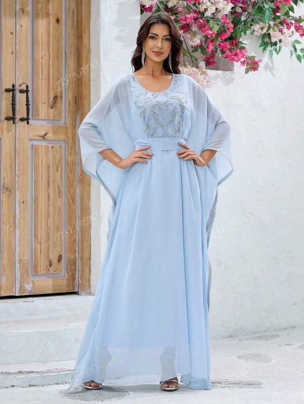 YISIKADO Women's  Style Embroidered Batwing Sleeve Chiffon Arabian Dress For Banquet And Evening Party