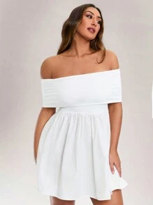 SHEIN BAE 大码女式单肩纯色拼接面料A字甜美辣妹夏季短款连衣裙 - 白色 - 查看 7