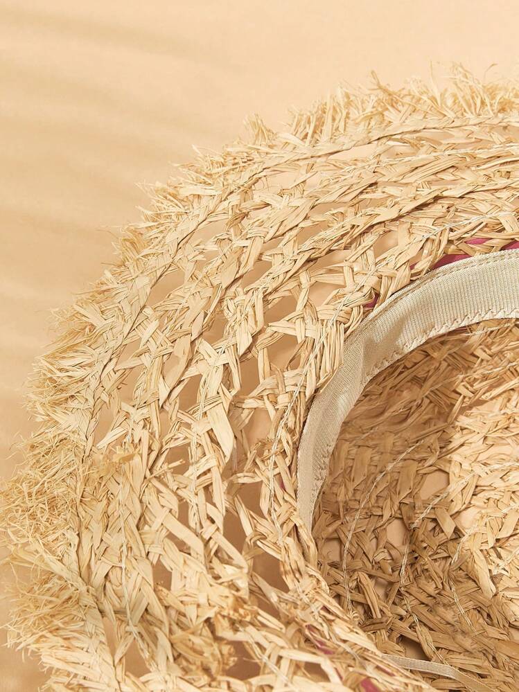 SHEIN VCAY 1 pieza Sombrero de paja texturizado básico, vintage y adorable para mujer para vacaciones, picnic, playa y escuela - Albaricoque - Añade 3