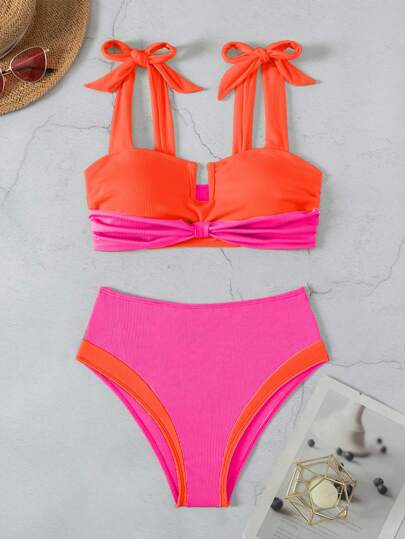 SHEIN Swim Colorblock Spliced Two-Piece Bikini Set For Vacation, Beach And Swimming Pool, Summer Beach