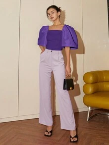 Áo sơ mi cổ vuông tay bồng màu trơn đơn giản hiện đại của Filipiniana dành cho nữ, trang phục mùa hè cho nữ, áo crop top công sở Terno - Màu tím  Violet - Xem 3