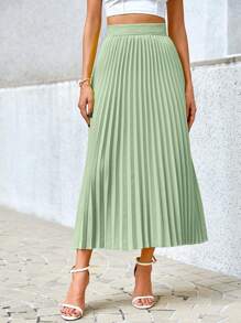 SHEIN Privé Women Summer Solid Color Pleated Long Simple And Elegant Mid-Length Skirt - Mint Green - View 3