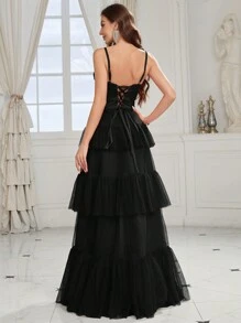 SHEIN Belle Women Heavy Industry Bone Detailing Ruched Bust Layered Mesh Cake Dress Formal Ball Gown For Women For Formal Dinner Party