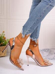 法式水晶銀蝴蝶結高跟鞋女性尖頭閉趾涼鞋結婚鞋新娘鞋 - 金色 - 查看 7