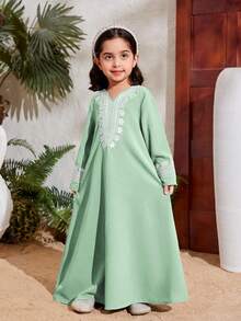 Vestido de manga larga impreso para niña, casual y adecuado para uso diario - Verde - Ver 4