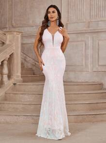 SHEIN Belle Elegant Romantic Pink Halter Deep V-Neck Gauze High Waist Bandage Slim Fit Mermaid Hem Dress With Fine Bead Decoration, Perfect For Dating, Graduation, Back To School, Single Party, Wedding, Activities, Banquet Prom Semi Formal Wedding Guest Dress, For Birthday, Homecoming - Baby Pink - View 7