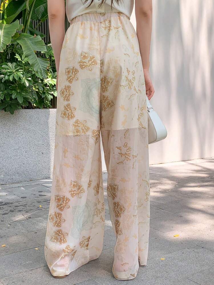 Floral Print Elastic Waist Wide Leg Pants For Women Sheer Boho