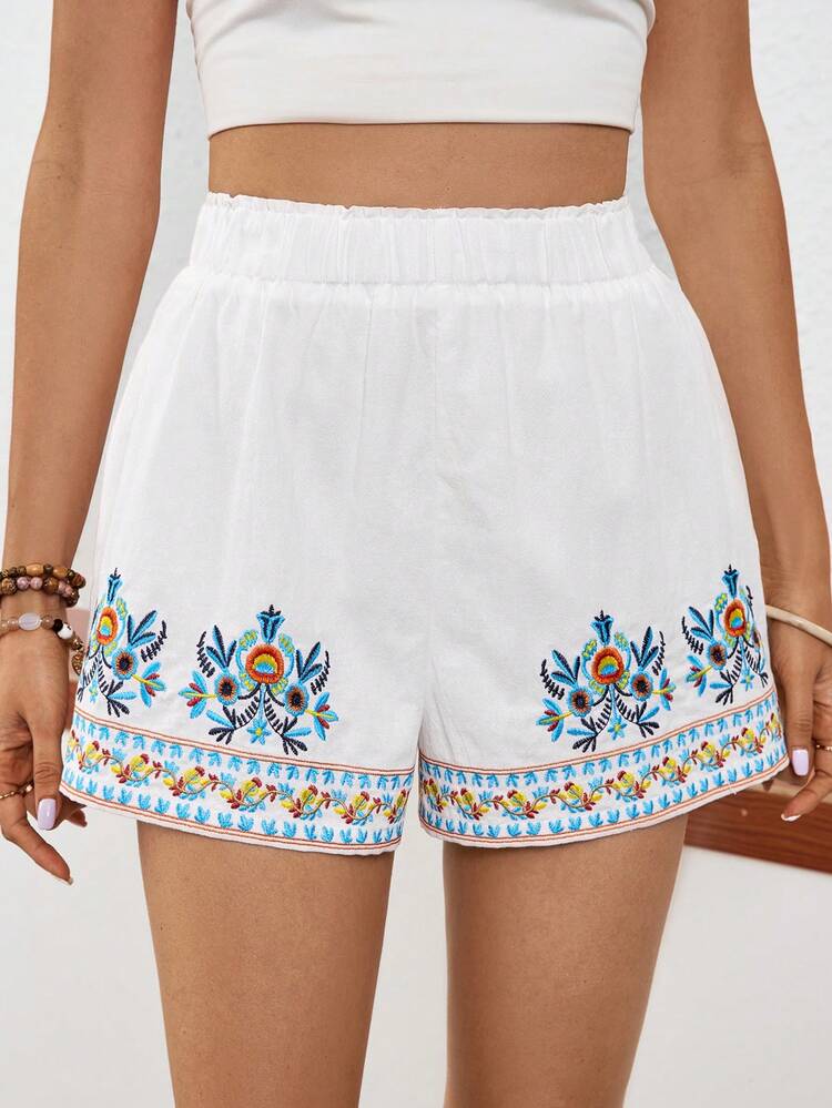 Embroidered Elastic Waist Shorts, Perfect For Vacation And Leisure