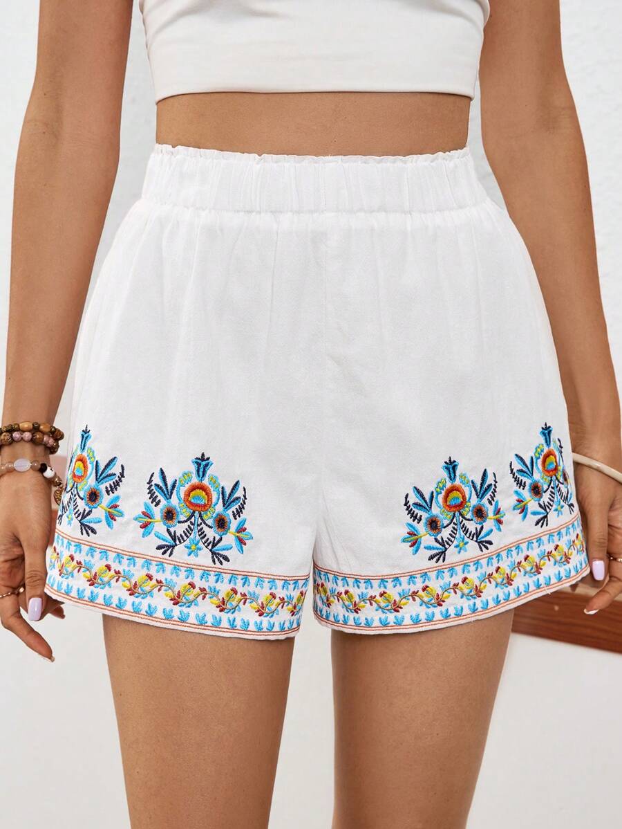 SHEIN VCAY Embroidered Elastic Waist Shorts, Perfect For Vacation And Leisure - Multicolor - View 1