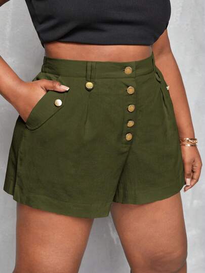 Plus Button Fly Wide Leg Shorts