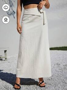 SHEIN Essnce Summer Women Daily Casual Folded High Waist Long Half Line Skirt