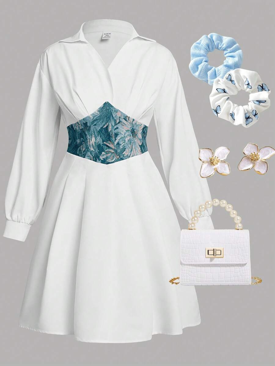 SHEIN Explorewe 女大童印花拼接細節連衣裙 - 白色 - 查看 1