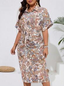 SHEIN Clasi Plus Size Women Summer Plant Print Pleated Short Sleeve Shirt Dress Maxi Women Outfit - Multicolor - View 5