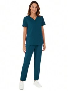 V-Neck Pocket Short Sleeve Top And Pocket Pants Protective Clothing Scrub Uniforms Nurse Suit Spring - Dark Green - View 9