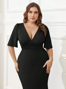 SHEIN Belle V 领、宽袖、鱼尾款式大码伴娘礼服黑色优雅正式晚会舞会婚礼宾客礼服，适合毕业典礼、晚宴 - 黑色 - 查看 7