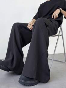 Manfinity Hypemode Men Solid Color Pleated High Waisted Wide Leg Loose Casual Pants With Pockets Oversize Long Flare Plain Black Going Out - Black - View 1
