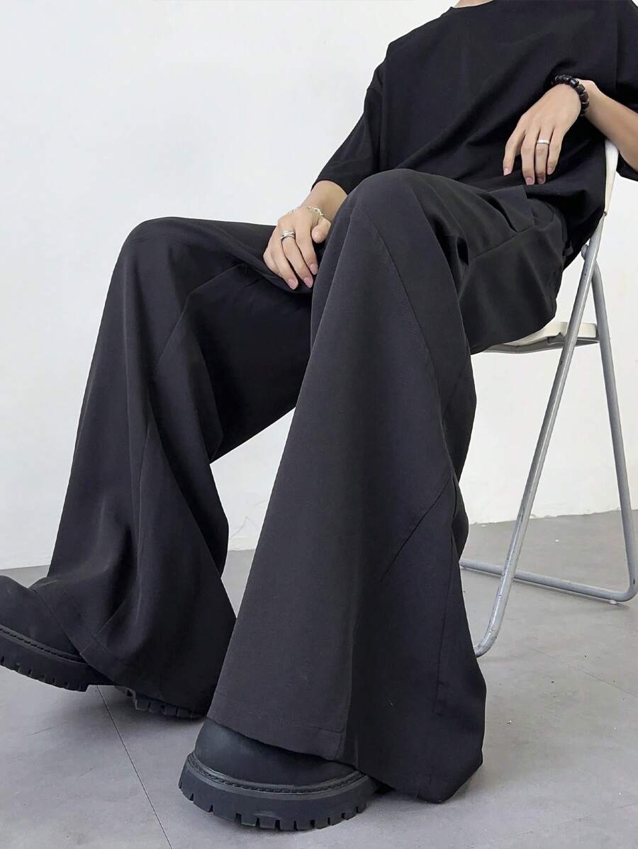 Manfinity Hypemode Men Solid Color Pleated High Waisted Wide Leg Loose Casual Pants With Pockets Oversize Long Flare Plain Black Going Out - Black - View 1