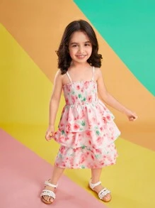 Young Girl Floral Printed Spaghetti Strap Dress - Pink - View 6