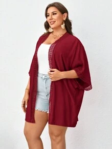 SHEIN VCAY 大码女式度假拼布蕾丝蝙蝠袖宽松和服夏季 - 酒紅色 - 查看 3
