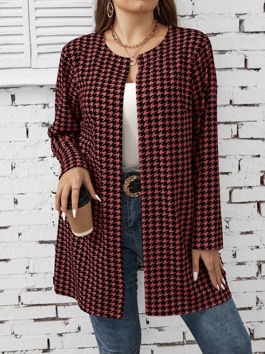 SHEIN LUNE Chaqueta casual de mujer de talla grande con estampado de pata de gallo para invierno, otoño - Rosa Fucsia - Ver 1