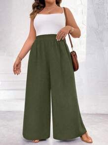 Flirla Plus Size Women Solid Color Simple And Concise Pleated Design Wide Leg Pants - Army Green - View 3