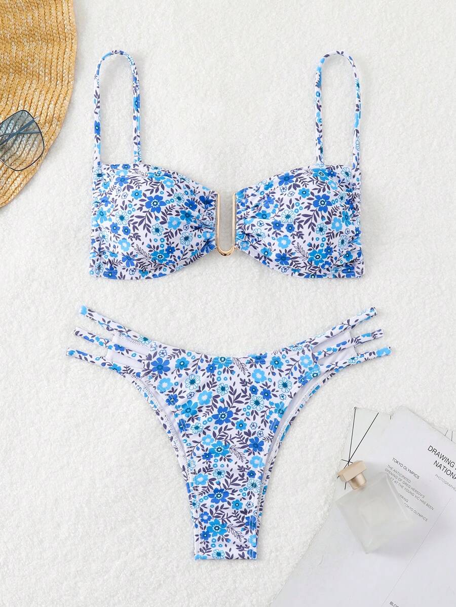 SHEIN Swim Summer Beach Women Vacation Style Random Print Bikini Set - Blue - View 1