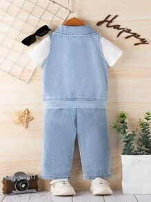 Conjunto de 3 piezas para bebé niño: Jeans rasgados casuales y frescos para el verano - Azul - Ver 2
