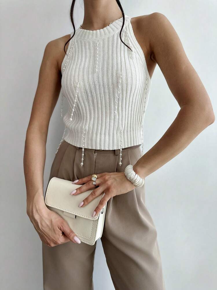 1pc Women Pearl Decor Fitted Knit Blouse, Elegant For Vacation, Spring/Summer