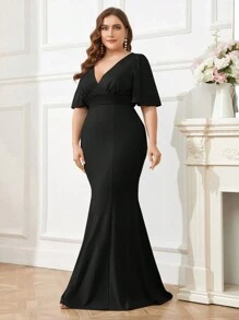SHEIN Belle V 领、宽袖、鱼尾款式大码伴娘礼服黑色优雅正式晚会舞会婚礼宾客礼服，适合毕业典礼、晚宴 - 黑色 - 查看 6