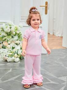 女婴可爱熊印花 Polo 领泡泡袖上衣搭配多层荷叶边连脚裤 - 粉色 - 查看 6
