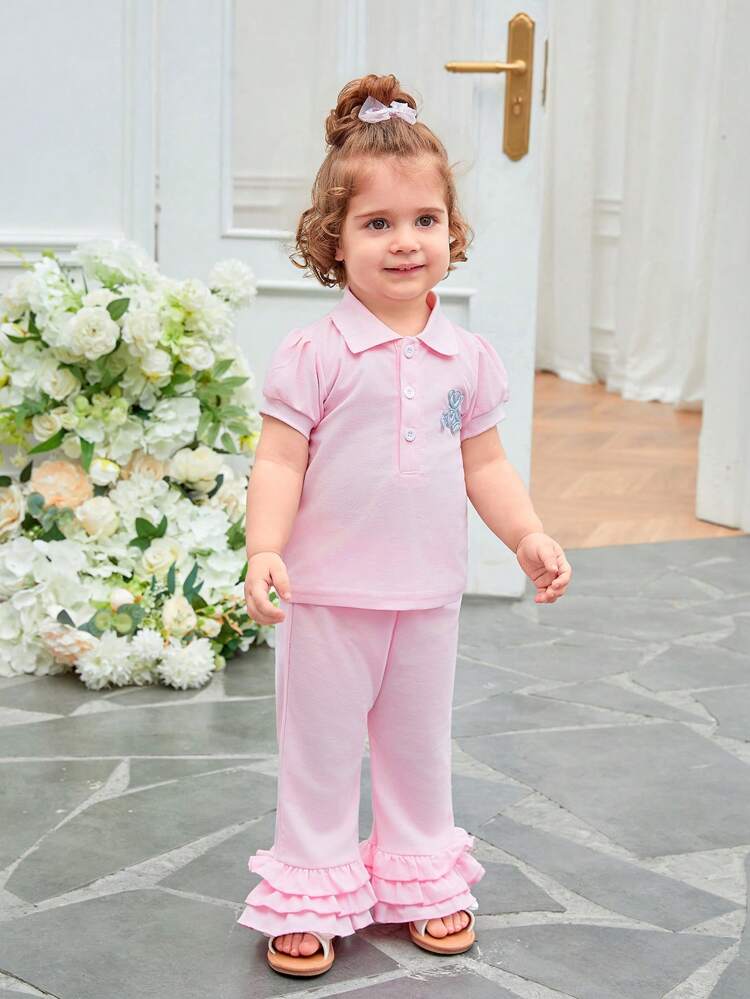 Baby Girl Cute Bear Print Polo Collar Bubble-Sleeved Top With Multi-Layered Ruffle Trim Footed Pants